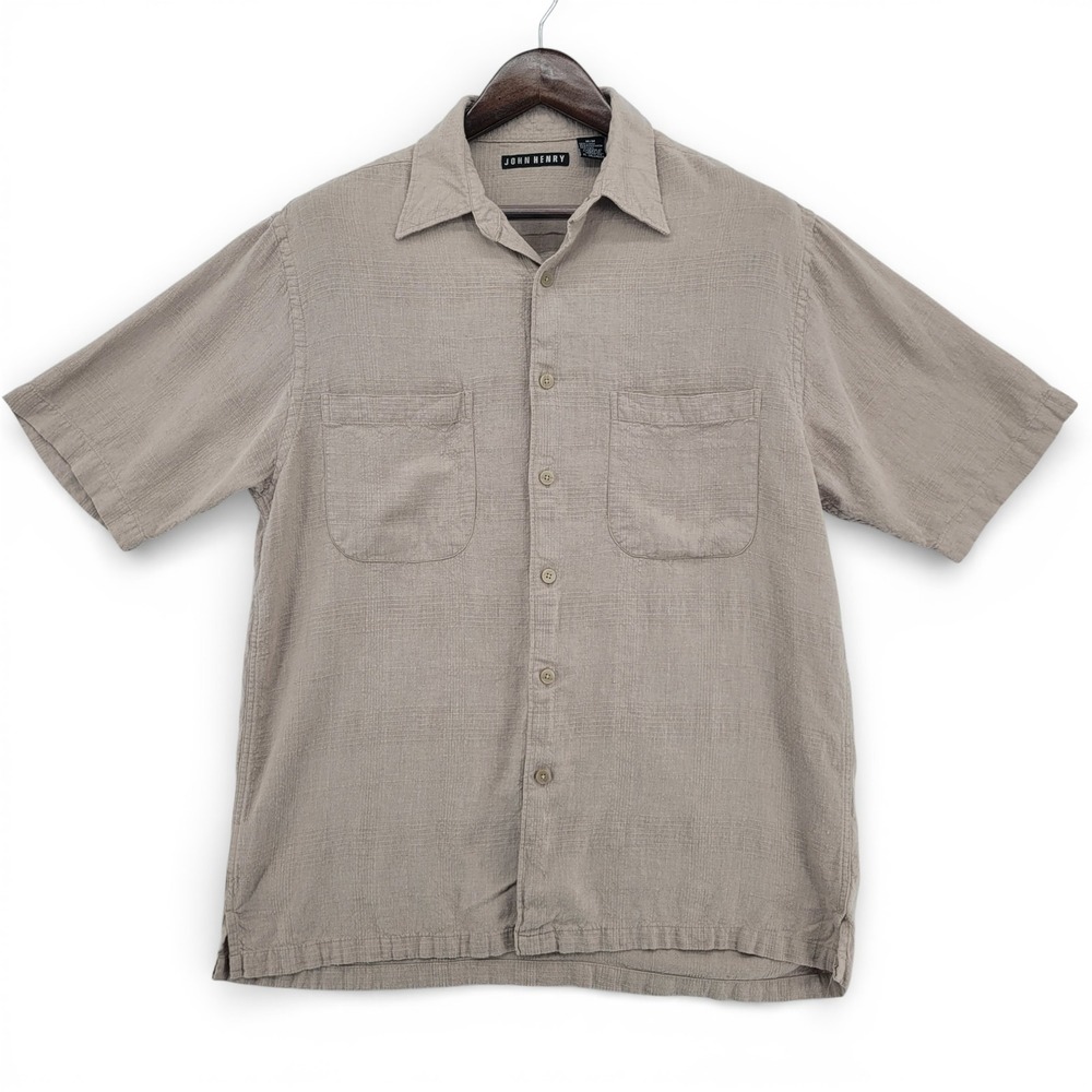 John Henry Mens Medium Linen Blend‎ Button Shirt Short Sleeve Tan
